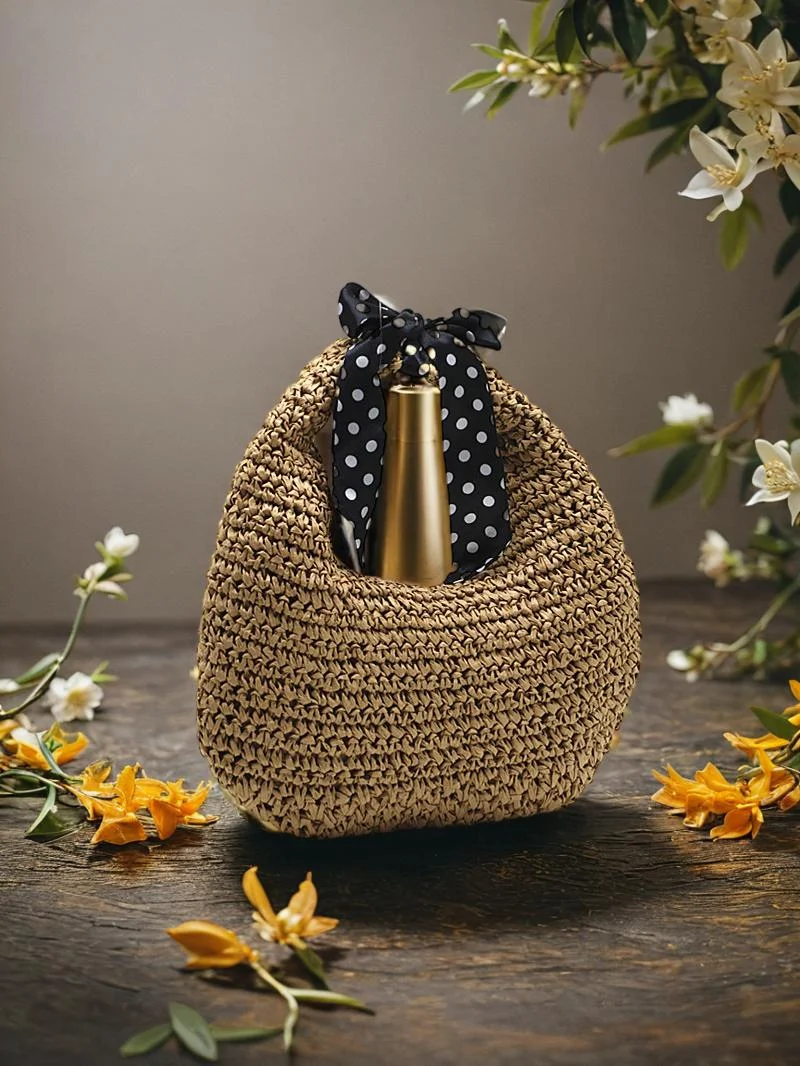 

2024 New Round Woven Handbag Trendy Crochet Tote Handwoven Straw Bag with Scarf Beach Bag Fashion Summer Shoulder Bag for Women