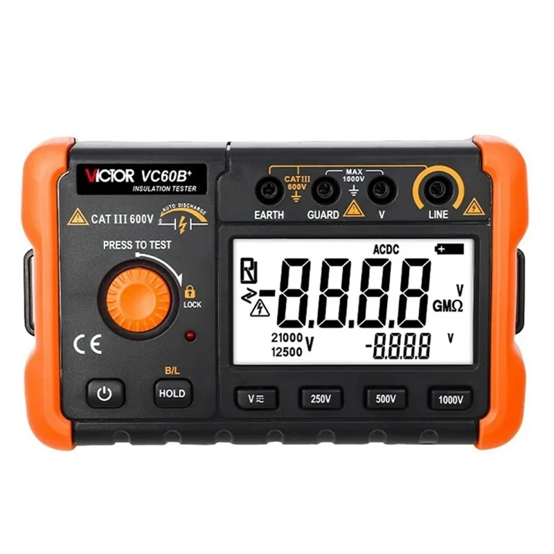 Victor VC60B+ Digital Insulation Resistance Tester 0.1~2000m ohm MegOhm Meter DC/AC 250V/500V/1000V DC Voltage Data Test Hold resistance tester