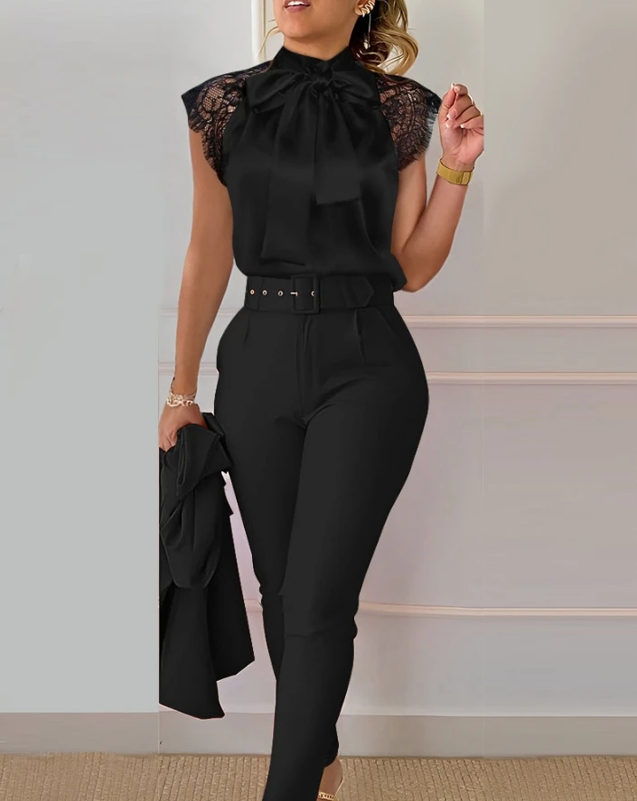Summer 2024 New Commuting Casual Elegant Pants Sets for Women Contrast Lace Tie Neck Top & High Waist Pants Set