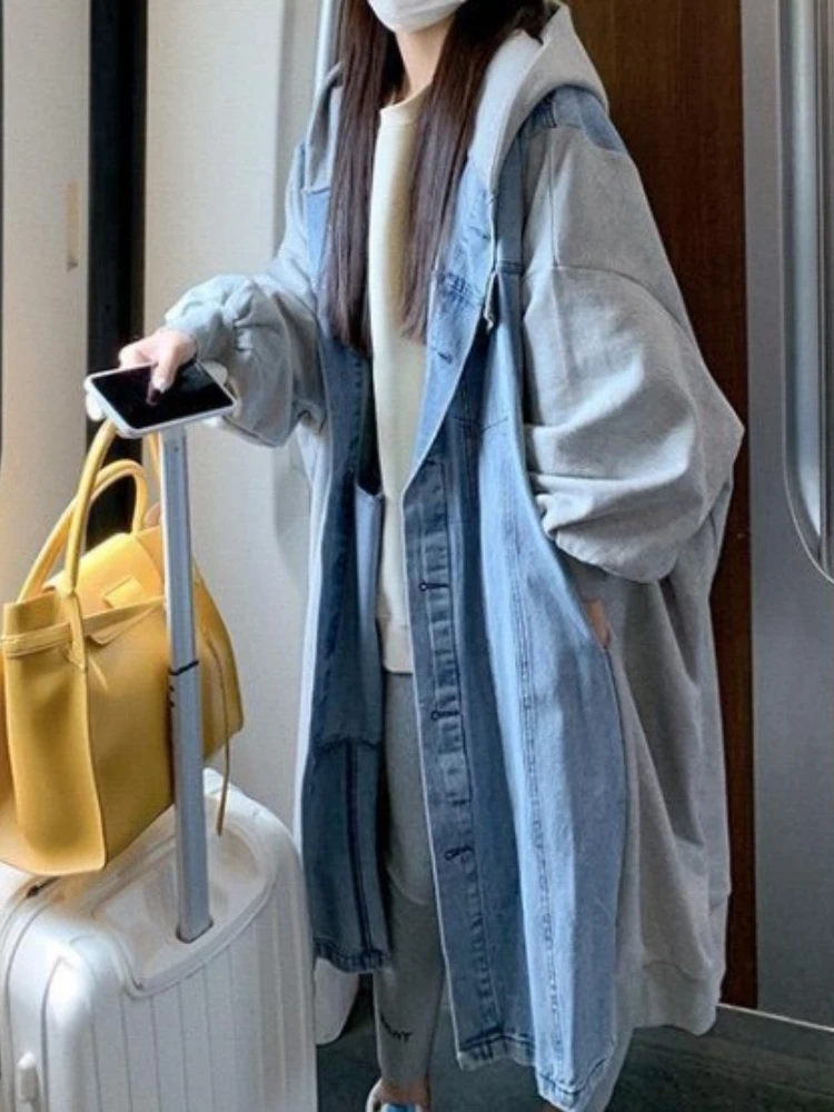 

Осенне-зимние женские куртки 2024 однобортная джинсовая куртка с капюшоном в стиле пэчворк длинная ветровка тренчкот женская одежда