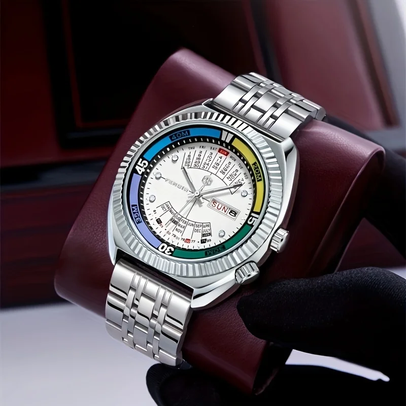 Luxury Men's Dual Calendar Waterproof Steel Wristwatch - European & American Style Fashion, Perfect for Business Casual, Unique Trendy Design, Ideal Gift for Him