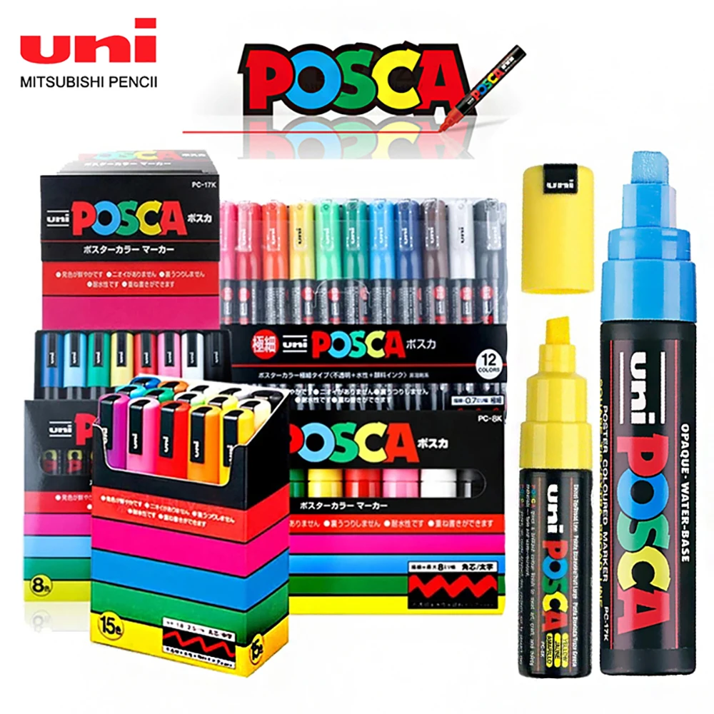 Uni Posca Paint Marker Pens Set PC-1M PC-3M PC-5M 7/8/15 Color White Acrylic graffiti paint pen rotulador permanente Art Supplie uni posca update marker pen set waterproof acrylic rotulador permanente pc 1m 3m 5m 5 8 16 colores graffiti drawing pen plumones