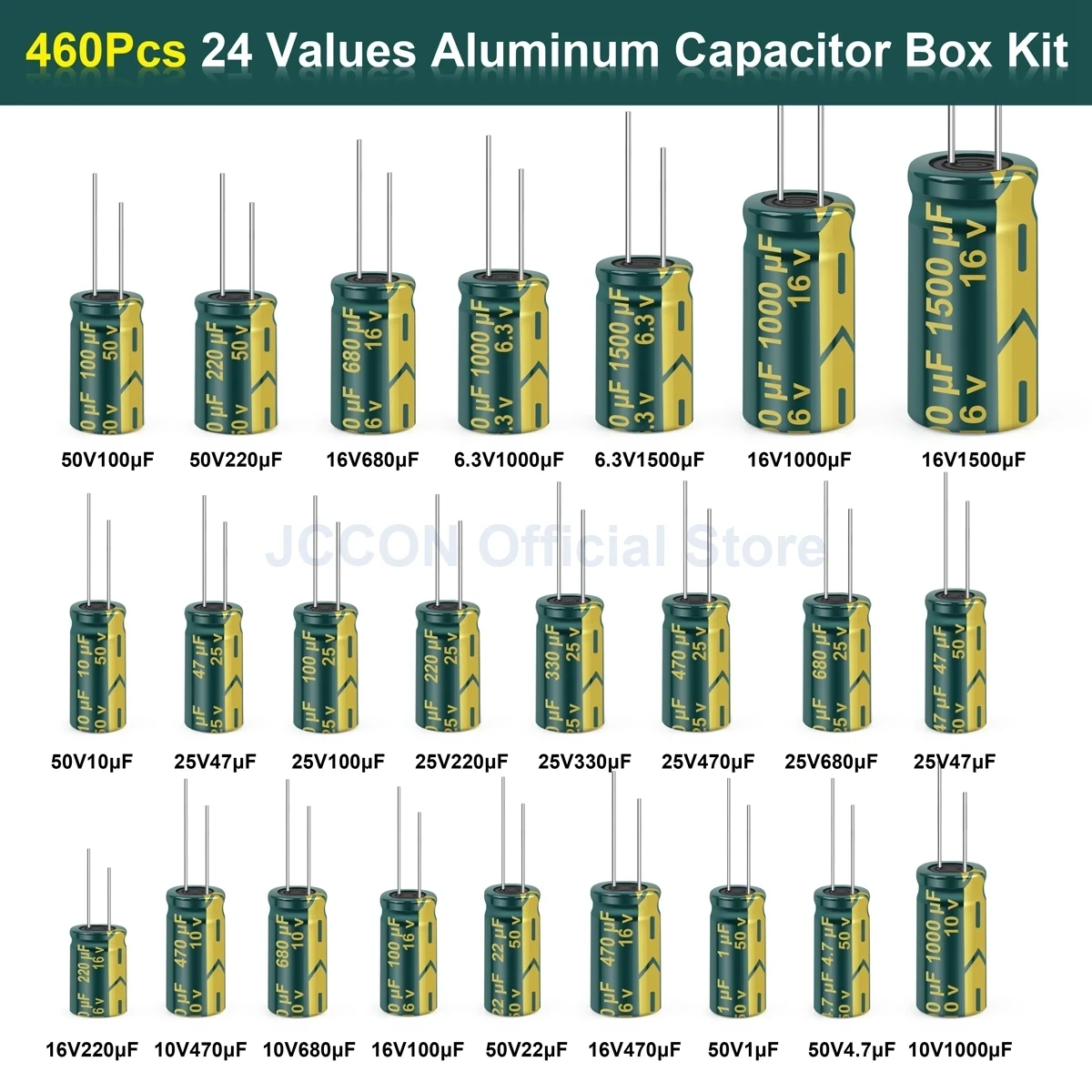 

460Pcs/Box Capacitor Kit 1UF-1500UF 24Values Aluminum Electrolytic Capacitors 6.3V-50V Capacitors Assorted Box Kit Low ESR