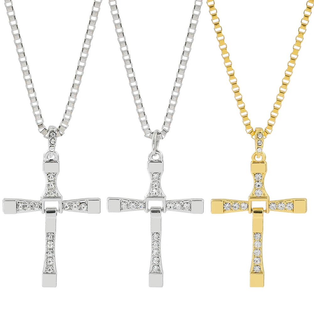 

Fast and Furious Movies Actor Dominic Toretto Rhinestone Cross Crystal Pendant Chain Necklace Men Hip Hop Jewelry For Man