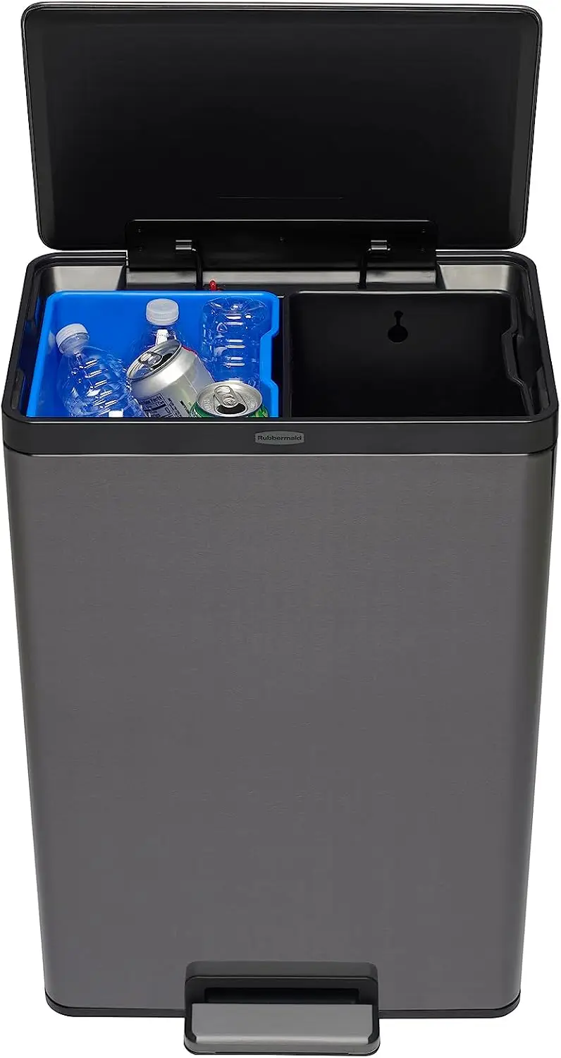 10.5-Gallon Elite Stainless Steel Dual Stream Trash and Recycling Bin, Step-On Mechanism, Charcoal, Home and Kitchen