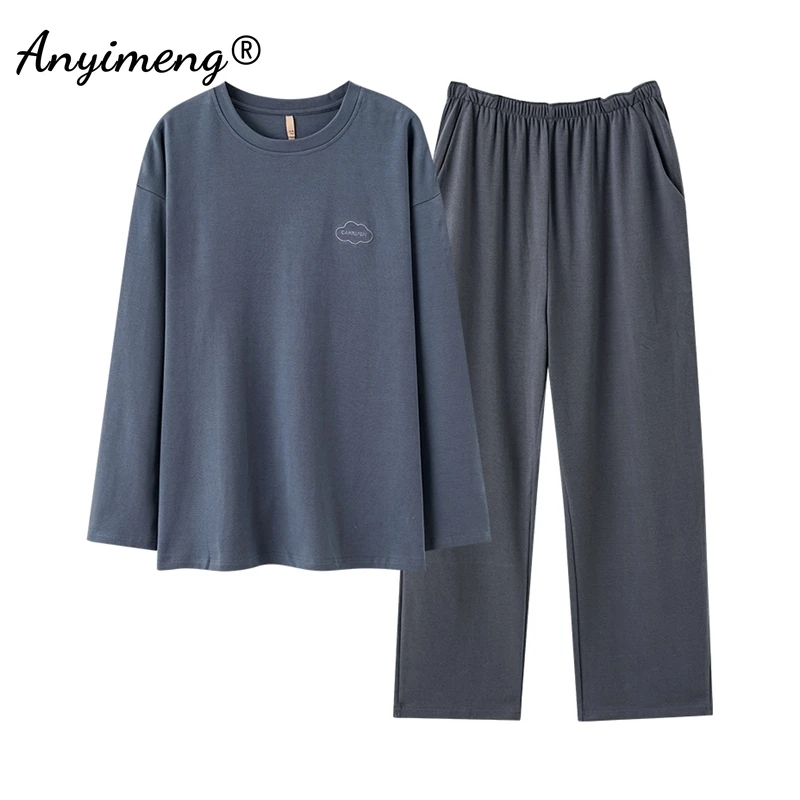 Autumn Winter Pure Cotton Pajamas for Men Fashion O-neck Pijamas Long Sleeved Long Pants Nightwear Male Loungewear