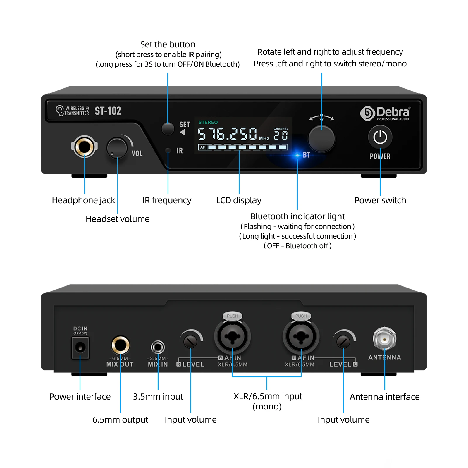 Debra ST-102 Stereo In-Ear Wireless Monitoring System Professional 530~580MHz Fr