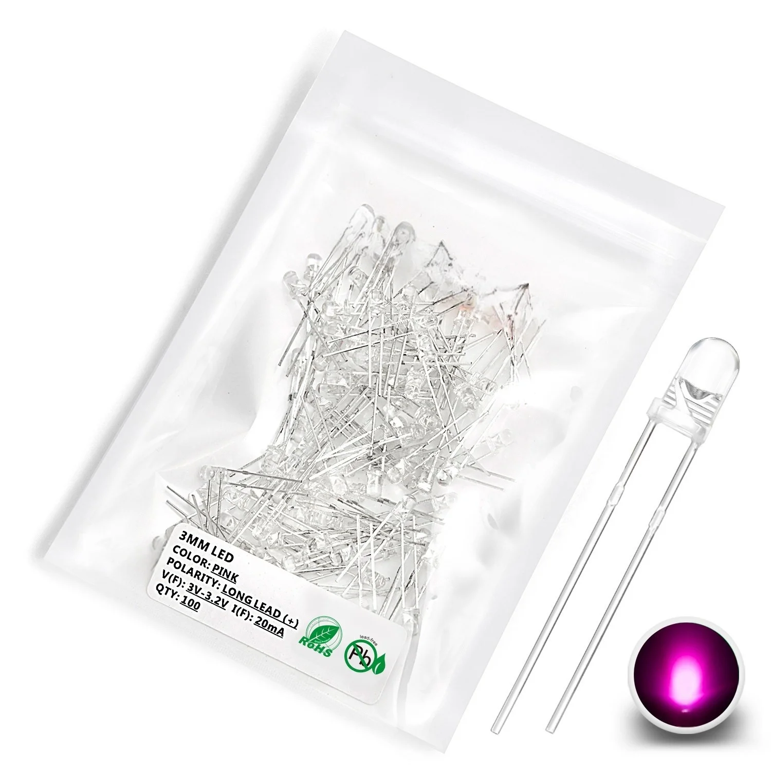 100 Stück 3 mm LED-Dioden, ultrahell, warmweiß, rot, grün, blau, UV-Lila, gelb, orange, rosa, 2 V, 3 V, mehrfarbiges Emitting-Sortiment – Detail 3