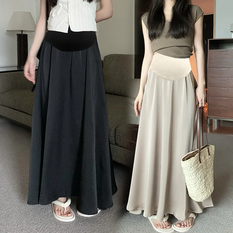 Korean Style Maternity Belly Skirts High Waist Long Design Pregnant Woman A-line Skirts Solid Color Pregnancy Umbrella Skirt