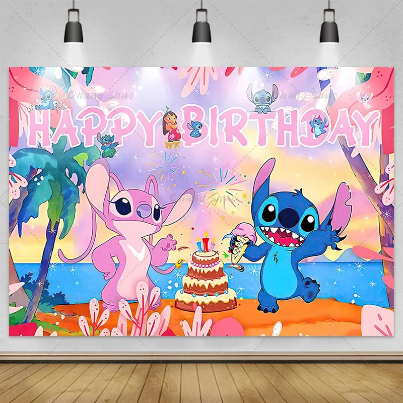 Birthday Backdrop Party Backdrop Curtain Party Decoration Party Supplies Cartoon Lilo & Stitch Them Backdrop Banner Baby Shower Children's Birthday Party Decoration Photography Background Photo Studio
