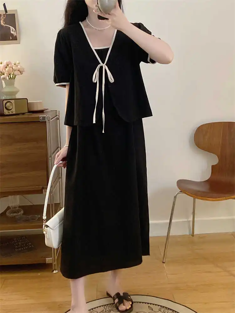 Plus size Chubby Girl Summer Western Sle Sweet Casual Temperament Short sleeve Cardigan Suspender Skirt Dress Fashion Set W...