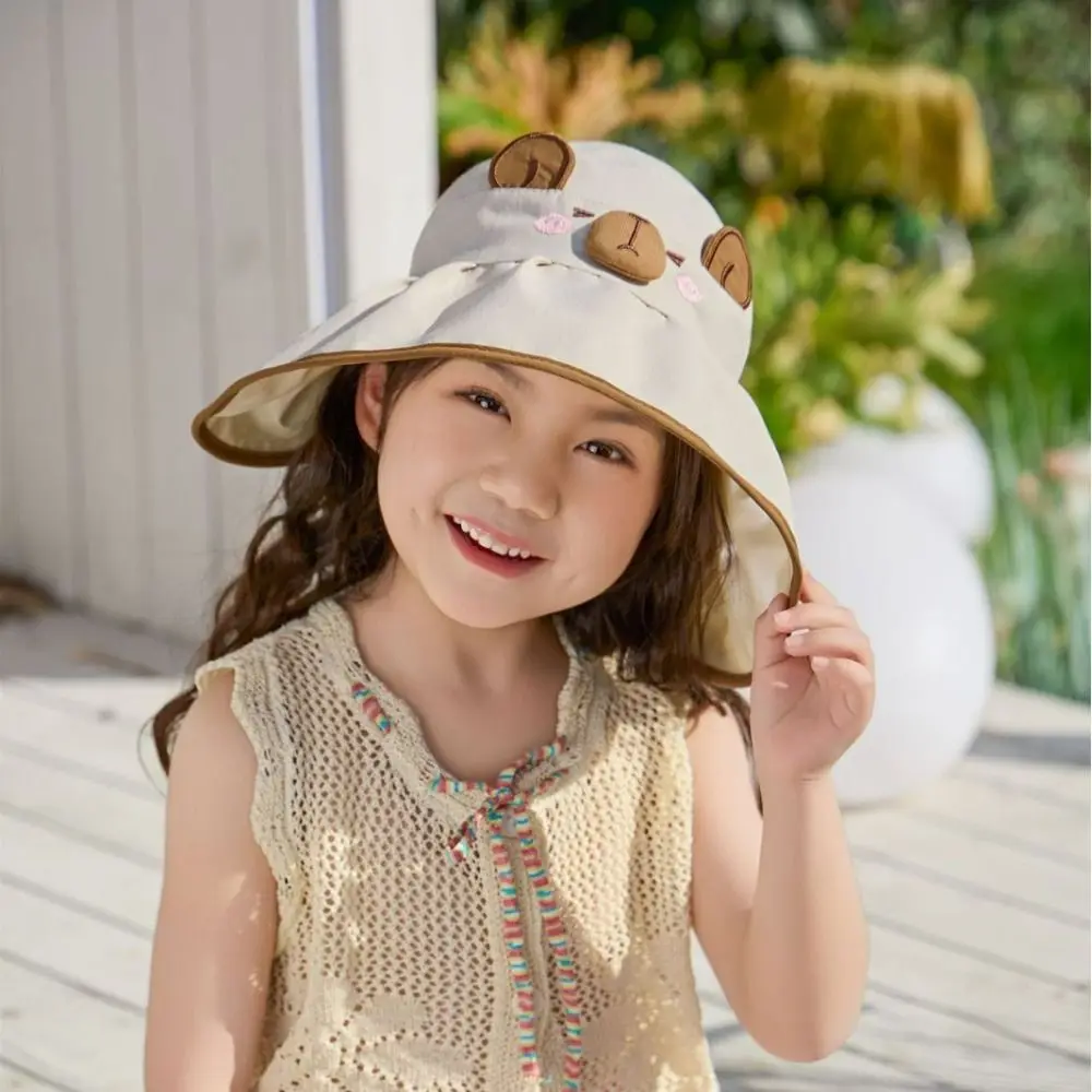 Korean Style Cartoon Capybara Bucket Hat Solid Color Shading Hat Summer Kid Sunhat Quick-dry Anti-UV Sun Hat