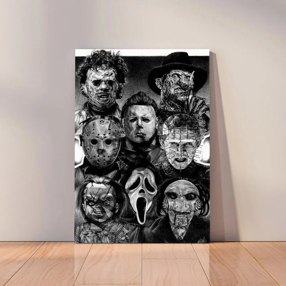Vent et øjeblik karakter tilgivet Black And White Classic Horror Movie Art Poster And Prints Scary Characters  Ghosts Killer Canvas Wall Painting For Living Room - Painting & Calligraphy  - AliExpress