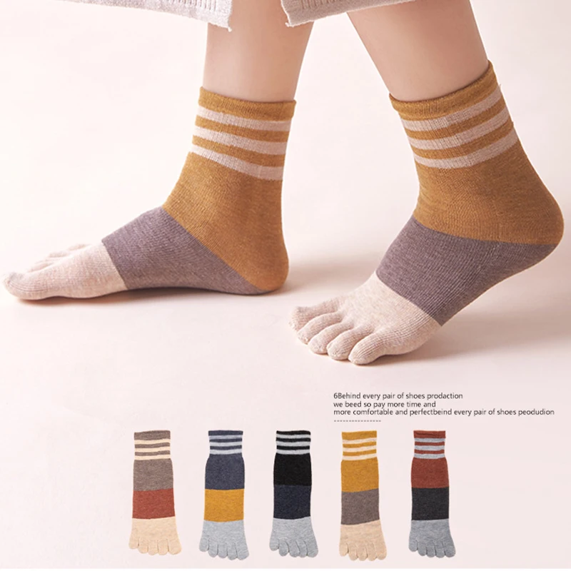 5 Pairs Japanese Style Casual Toe Socks  for Women Girls Retro Cotton Fashion Striped Short Harajuku 5 Finger Socks without Heel