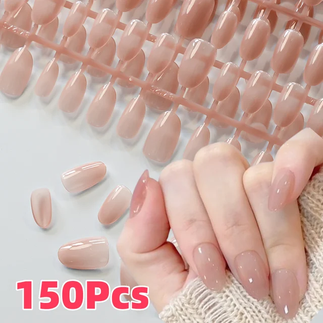 150Pcs Gradient Nude Short Almond Fake Nails XS/S/M Size Glossy Full Cover Press On Nail French False Fingertips for Women Daily 1