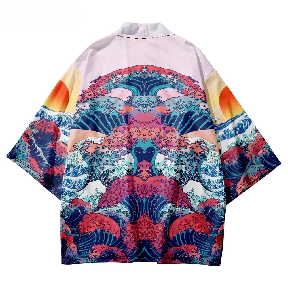 Japanese traditional wave print kimono Creative design haori shirts Street men and women cardigan beach yukata plus size