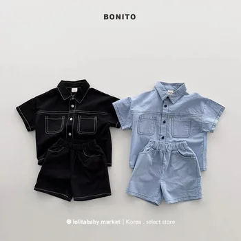 Abbigliamento per Bambini e Neonati, Set Estivo alla Moda 2026 con Camicia in Denim e Pantaloncini per Ragazzi e Ragazze