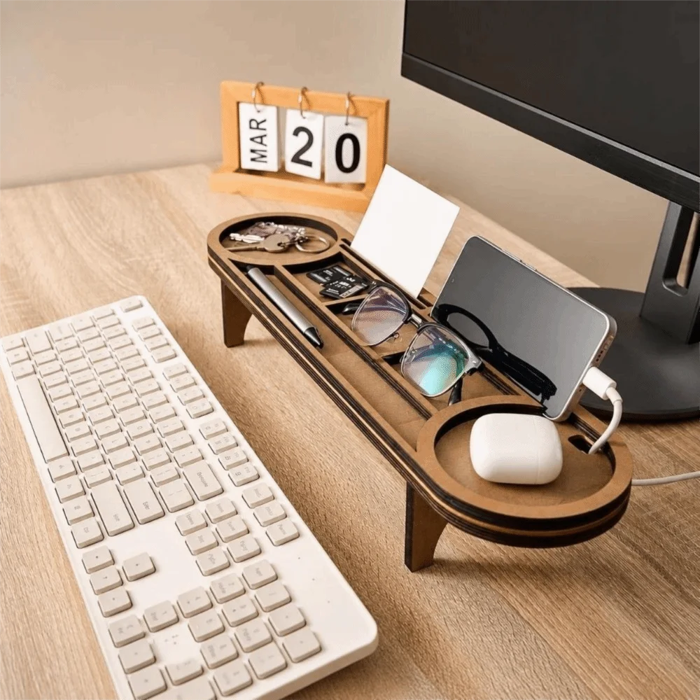Elegant Brown Wooden Desk Organizer with Phone Stand and Cup Holder