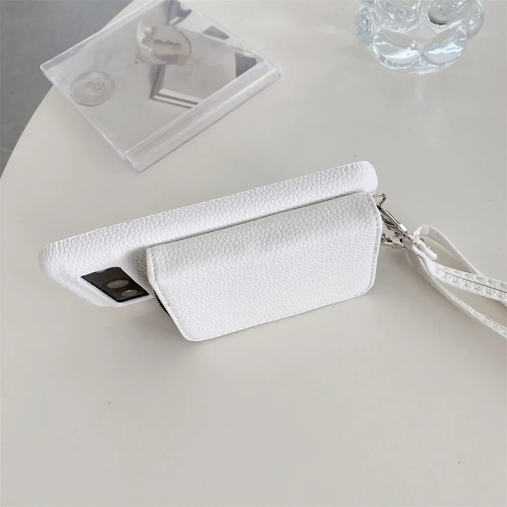 Leather Litchi Wallet Phone Case with Shoulder Strap and Card Holder Stand