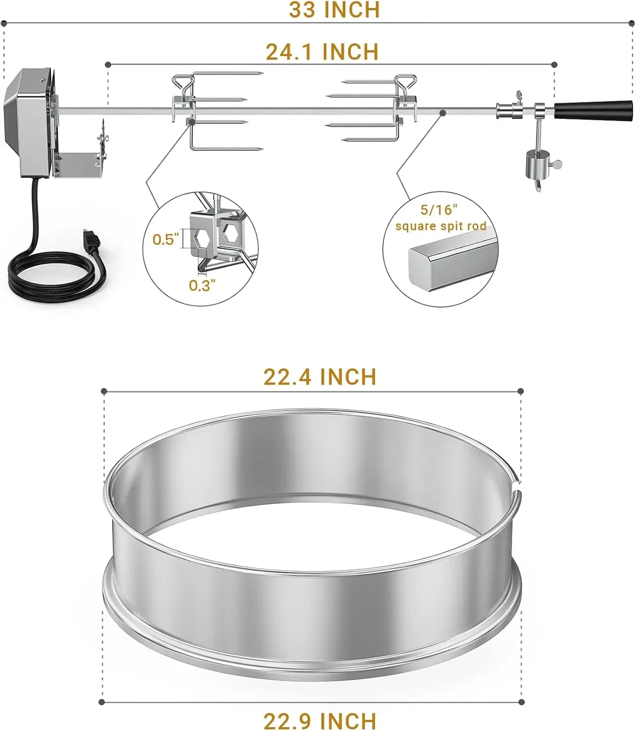 Stainless Steel Rotisserie Ring Kit for Weber 22 Inch Charcoal Kettle and Other Similar Grills 4