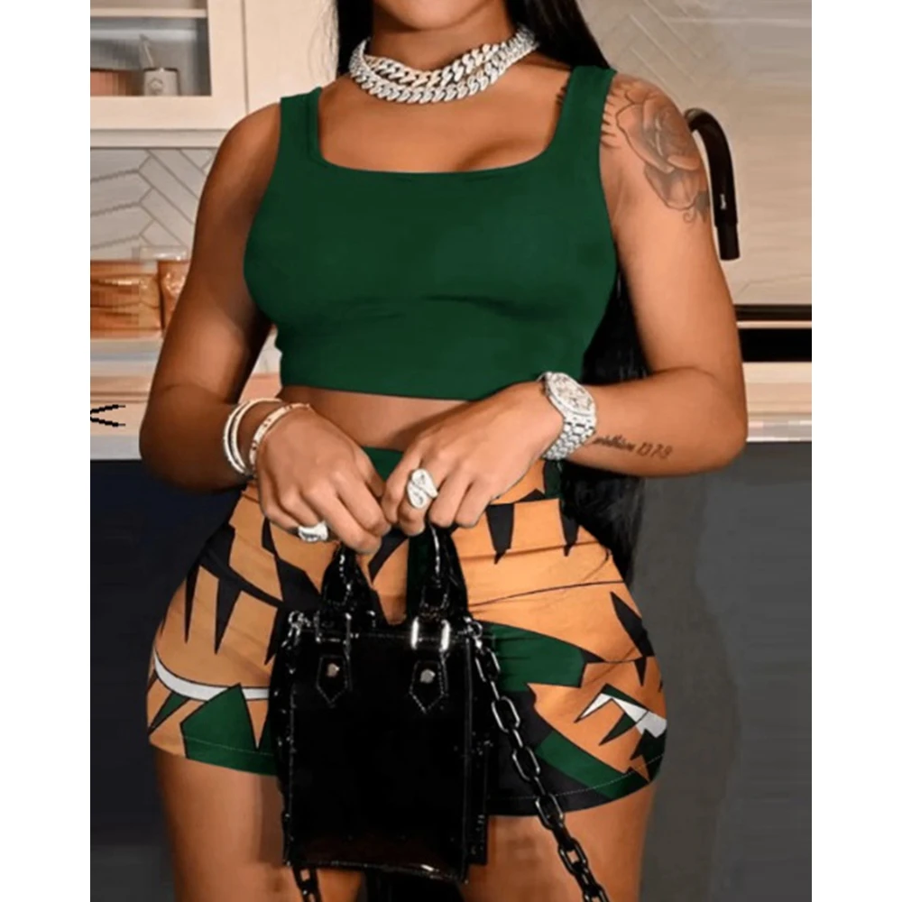Summer Casual Sleeveless 2 Pieces Suit Set Outfits Women O-Neck Cami Crop Top & Geometric Print Shorts Sets Vacation y2k Clothes
