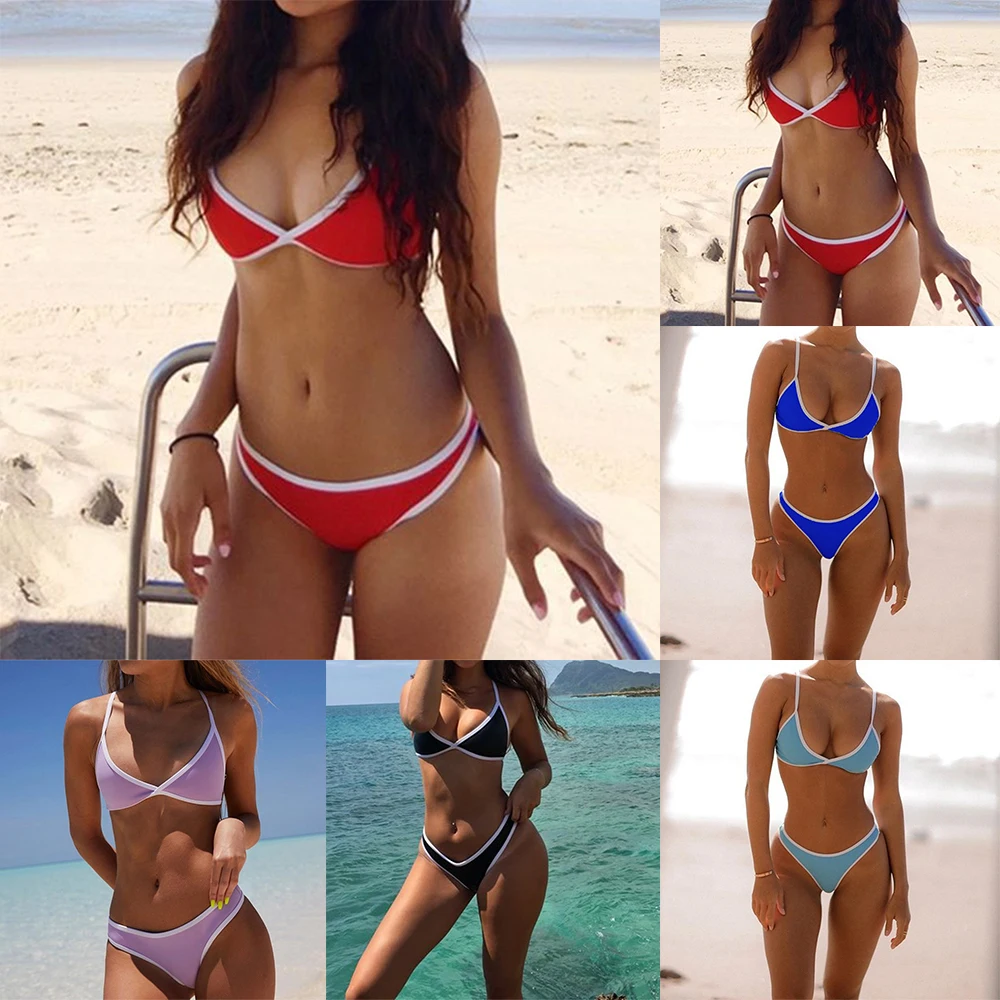 

Women Lady Bandeau Bra Solid Color Low Waist Thong Bikini Swimwear Beach Spa G-String Underwear Lingerie Set Summer Swimsuit