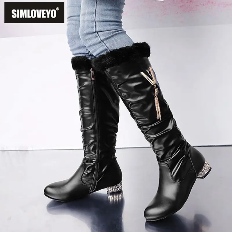 

SIMLOVEYO Sweet Women Knee High Boots 36cm Round Heels 3cm Zipper Pendant Metal Decoration Small Size 32 33 Fashion Daily Booty