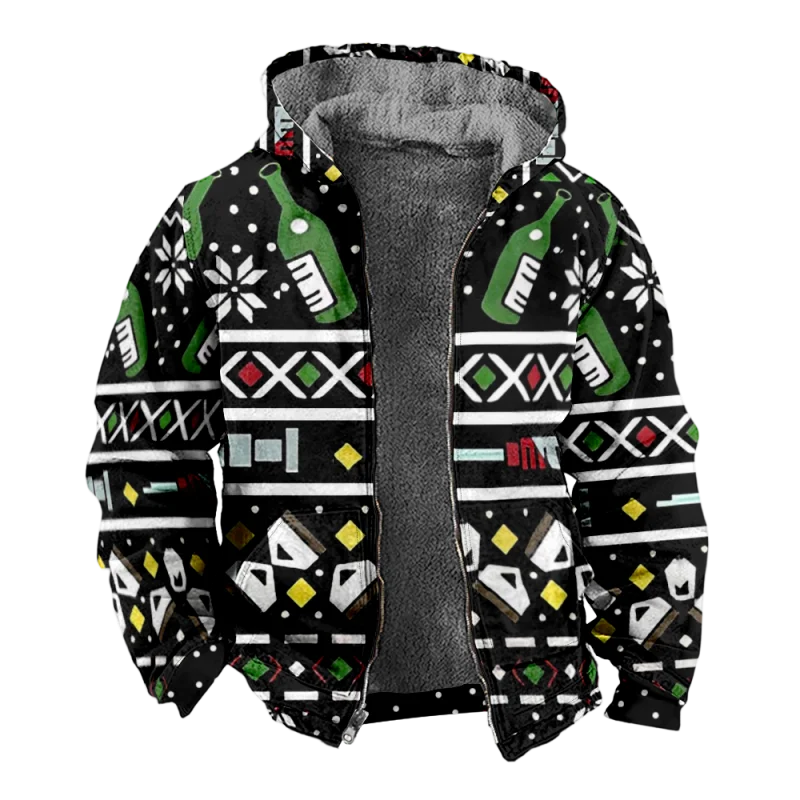 Christmas Creative Cotton Coat Hooded Sweater Casual Print Men's Fur Loop Arctic Velvet Zipper Patch Pocket Hooded Sweater a16