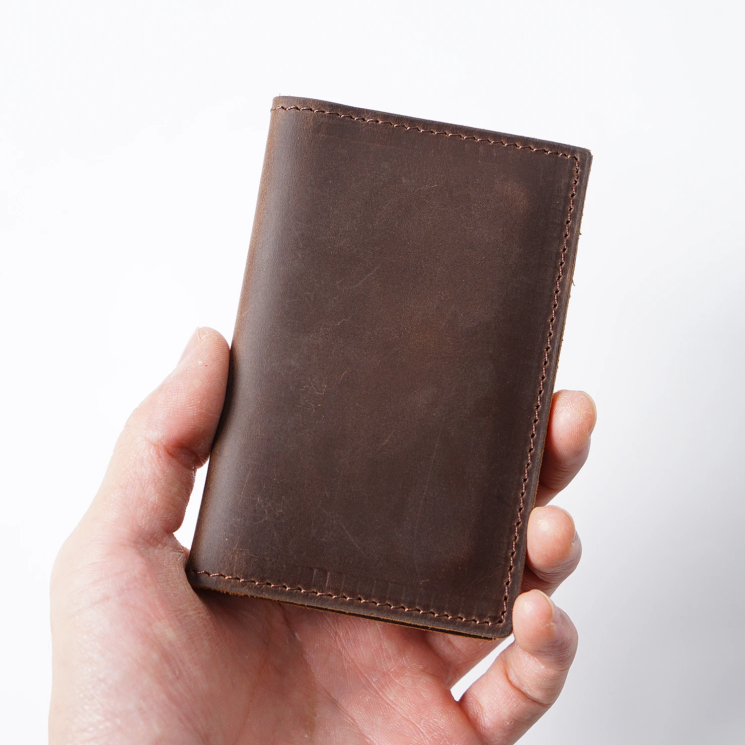 Crazy Horse Leather Wallet-Minimalist Top-Grain Cowhide Card Holder with Stitched Seams for Bank/Membership Cards