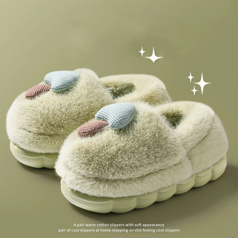 Cartoon Mushroom Fluffy Slippers Women Bag Heel Warm Indoor Cotton Shoes Woman Soft Faux Fur Thick Sole House Shoes Mujer