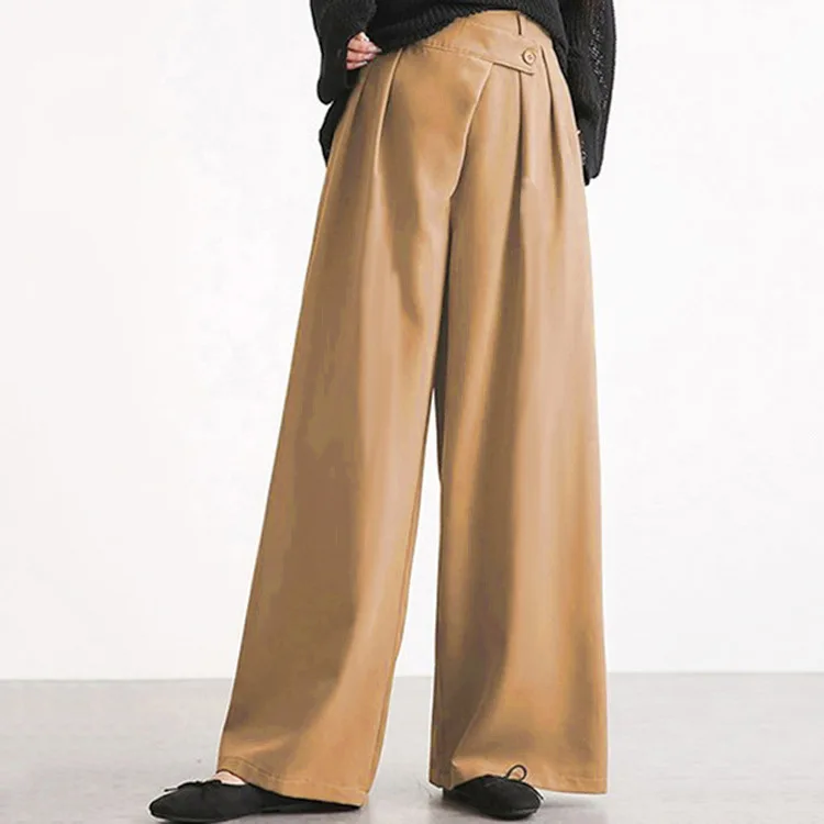 Irregular Button Pant For Women High Waist Solid Straight Wide Leg Trousers Office Lady Clothing 2024 Autumn New 2