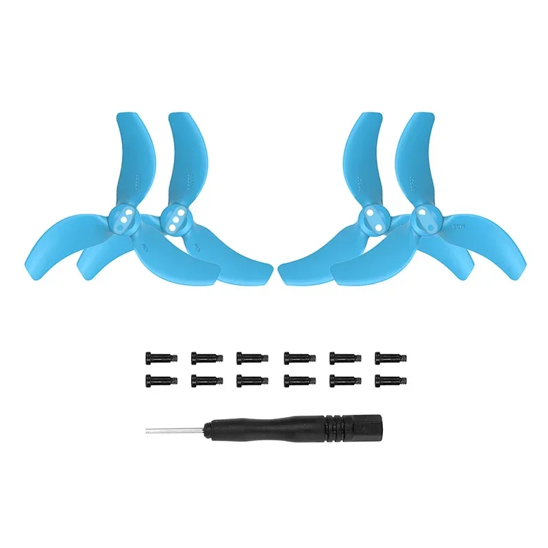 Hélice 3032S à trois pales pour DJI Avata 2, vue de côté avec les vis et le tournevis à proximité.