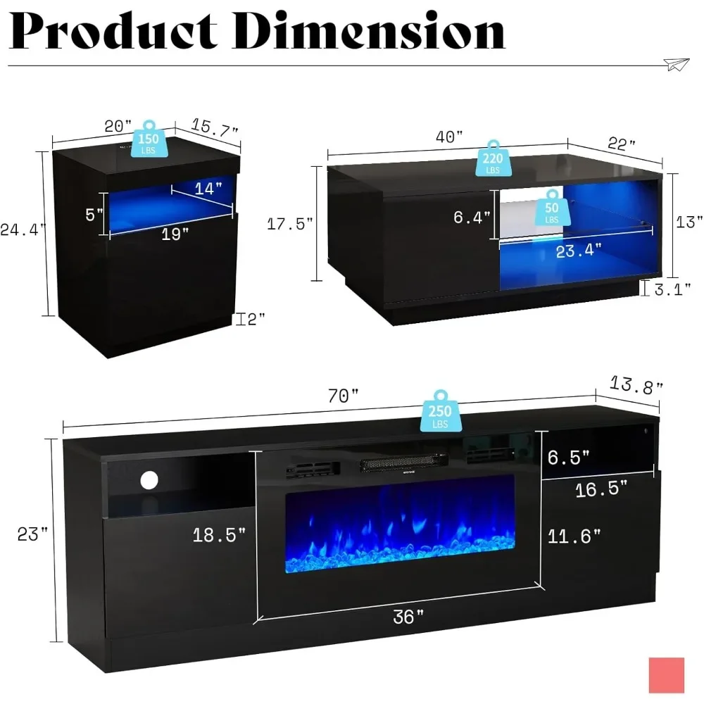 4 Piece Living Room Table Set,70" Fireplace TV Stand, Coffee Table & 2 End Tables,LED Light with Charging Station, Black