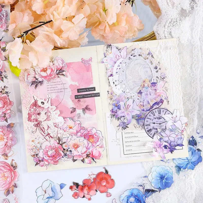 레이저 골드 플라워 pet 테이프 입체 식물 핸드북 소재, DIY 장식 루프 스티커, 4 가지 스타일, 200cm/롤