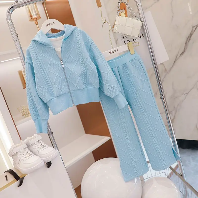 

Retail 2023 New Baby Girls Fall Teenage Fashion Blue Sets, Hooded Coat + Pants Princess Sweet Casual Solid Suits Girl 5-12T