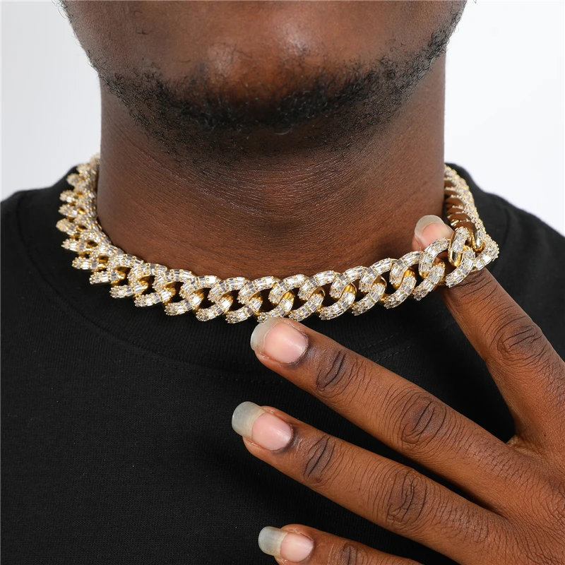 

16MM Iced Out Cuban Link Chain Luxury Spring Clasp Necklace Baguette Zirconia Prong Jewelry for Men and Women Hiphop Rapper