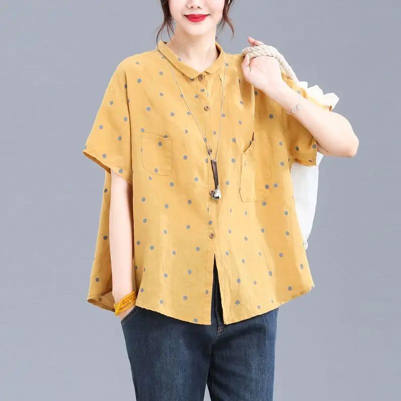 Elegant Fashion Harajuku Slim Fit Female Clothes Loose Casual All Match Tops Women Lapel Collar Button Cotton Short Sleeve Blusa