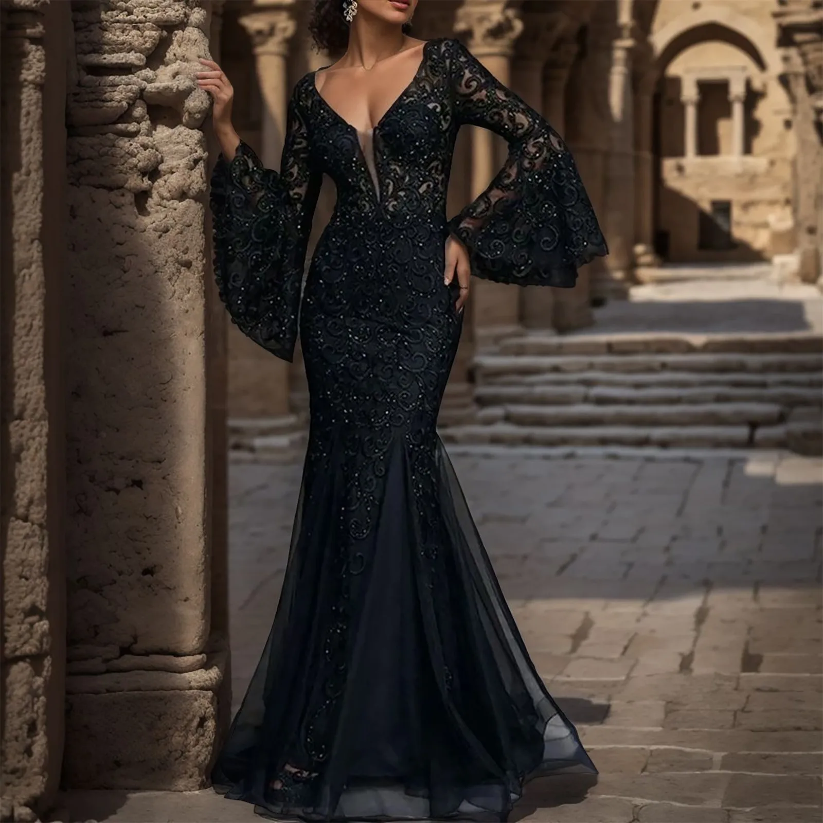 

Sexy Black Lace Dress V Neck Long Flare Sleeve Wedding Party Dresses Women Evening Elegant Night Club Prom Long Maxi Dresses