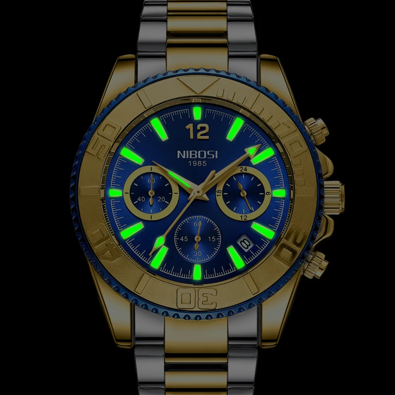 NIBOSI  Mens Watches Top Brand Luxury Chronograph Quartz Watch for Men Stainless Steel Waterproof Luminous 24 Hour Sport Watch