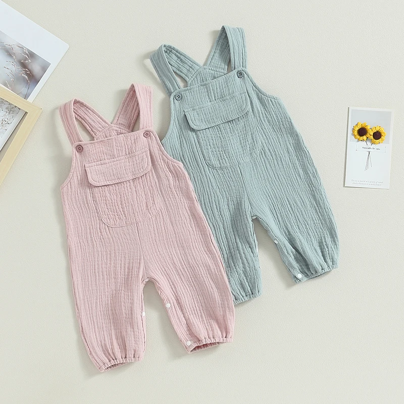 Kids Loose Jumpsuits Baby Summer Clothing Boys Girls Sleeveless Buttons Pockets Suspender Pants Children Overalls 0-24M