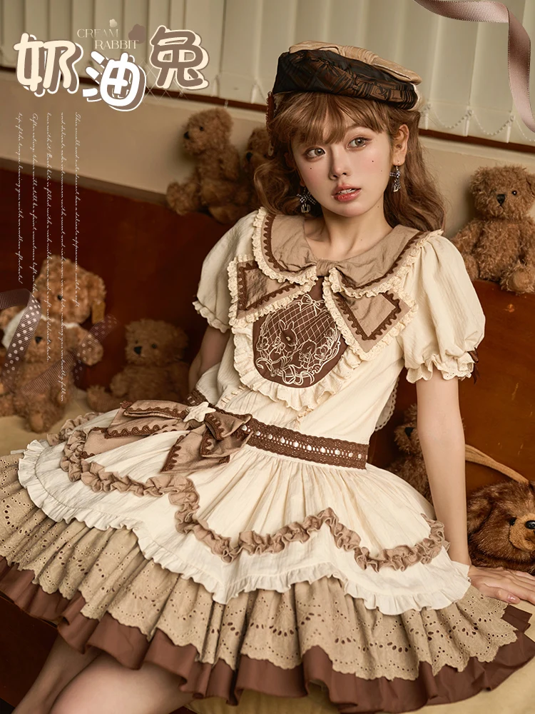 Harajuku Japanese Fashion OP Dress Short Sleeve Tea Party Princess Clothes Kawaii Lolita Chocolate Clothes Girls Birthday Gift