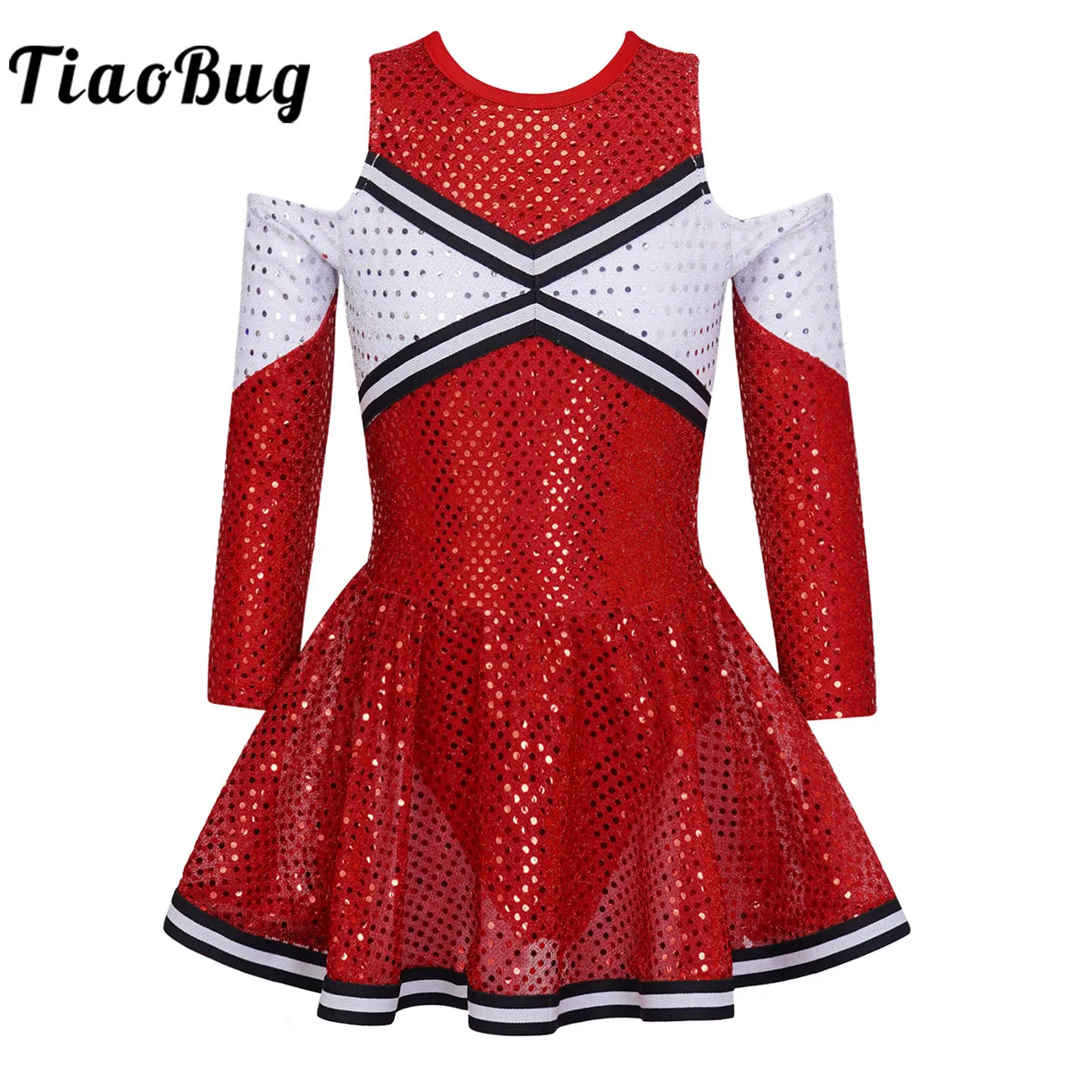 

Kids Girls Sequins Leotards Gymnastics Ballet Tutu Dress Long Sleeve Cold Sholder Cheerleading Dancewear Latin Jazz Costume