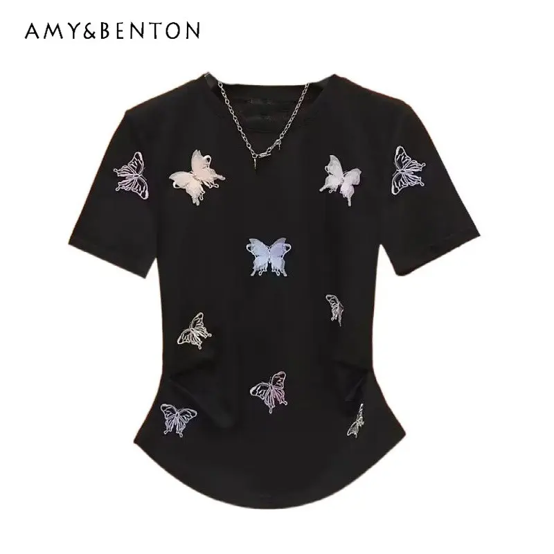 

Summer 2023 New round Neck Butterfly Embroidered Shoulder Short-Sleeved T-shirt Women's New Versatile Casual Temperament Tops