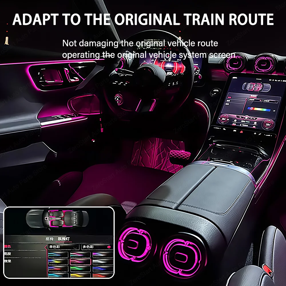 메르세데스 벤츠 W206 X254 GLC C클래스용 차량 64색 앰비언트 라이트 LED 에어벤트 도어 핸들 램프 인테리어 4D 회전 트위터