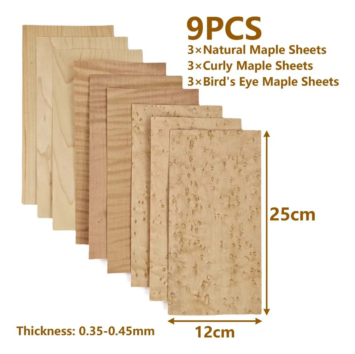 9pcs 기타 피아노 인레이 가구 공예 DIY 마크레트리용 천연 메이플 우드 베니어 시트 (메이플 3개, 컬리 3개, 버드아이 3개)