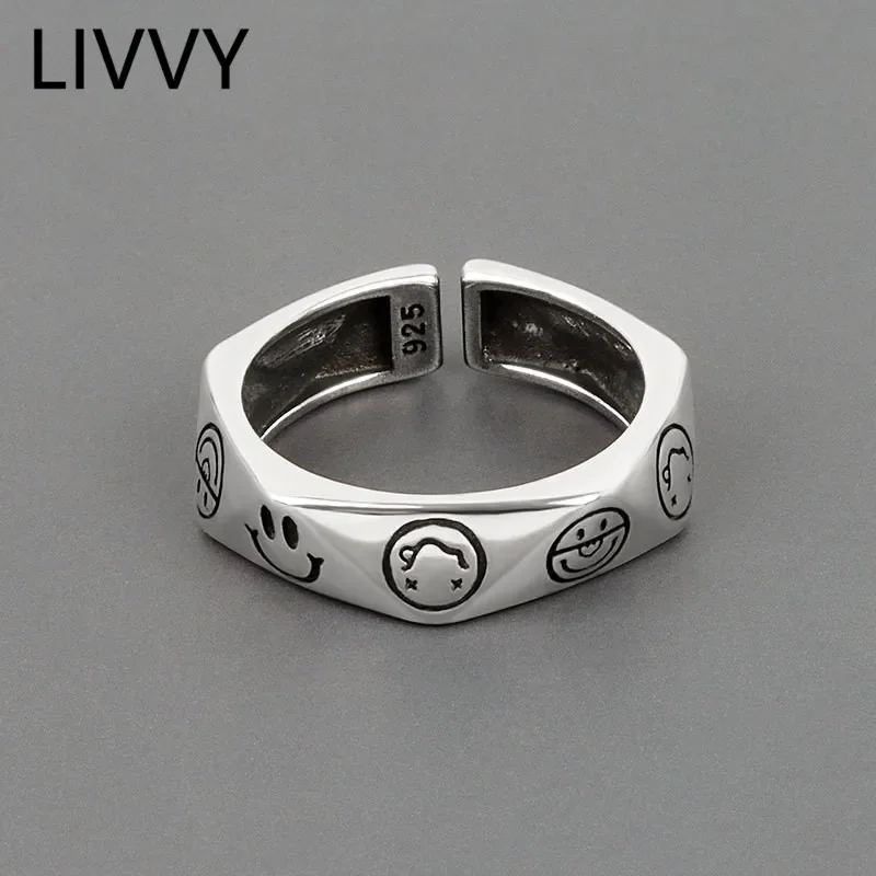 LIVVY Silver Color Smiling Face Ring Simple Geometry Thai Silver For Women Fashion Creative Party Jewelry Gift