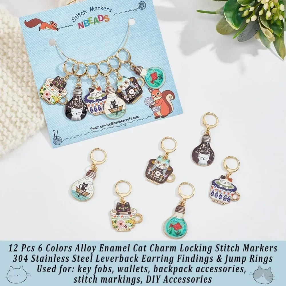 12 Pcs Cup Cat Stitch Markers, 6 Colors Alloy Enamel Cat Crochet Stitch Marker Charms Removable Locking