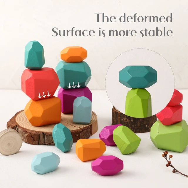 Wood Rainbow Stones Block Colorful Wooden Building Block Rainbow Stacker Balancing Stone Montessori Educational Toy Children 3