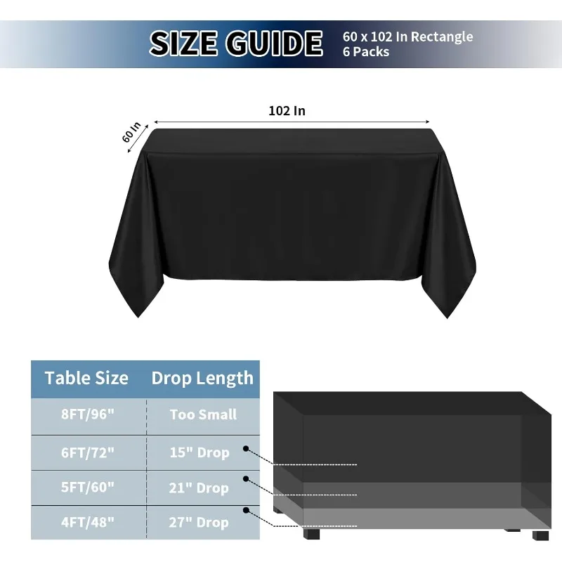 Black Table Cloths 60 x 102 Inch Stain and Wrinkle Resistant Table Linen for 6 Ft Rectangle 6 Pack