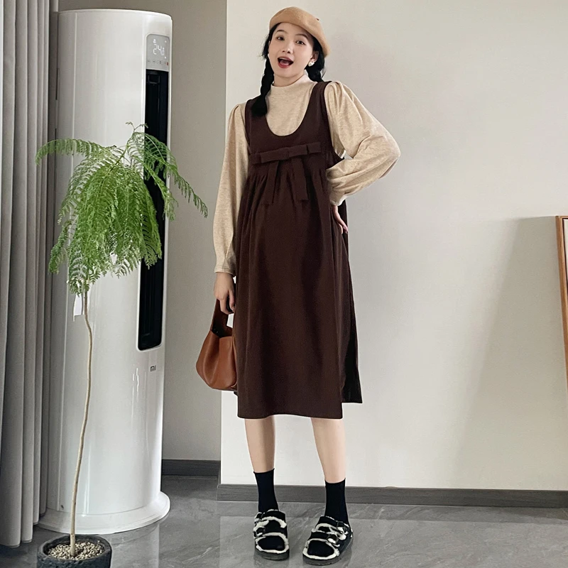 

2023 Winter Pregnant Woman Dress Suits Long Sleeve Turtleneck Bottom Shirt+Corduroy Strap Dress Twinset Maternity Clothes Sets